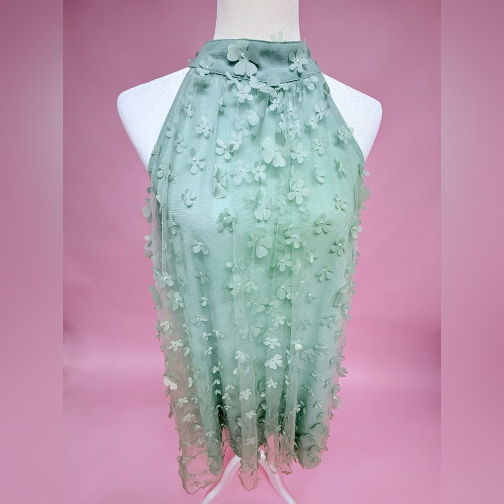 Easel Sage Green Halter Floral Appliqué Mini Dress - Picture 4 of 10